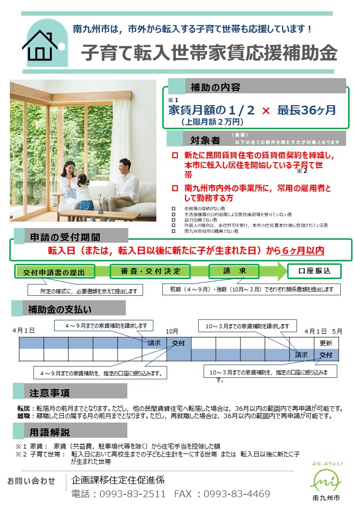 子育て転入世帯家賃応援補助金の案内です。