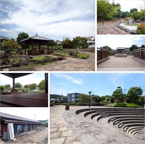 上部左側:コンクリート造りの歩道の奥に東屋がある麓公園の写真。上部右上:ゆるやかなカーブがかかった歩道の右側に石庭が広がっている写真。上部右下:両側に欄干が設けられた木製の通路の奥に円形のベンチのようなものが設置され、その奥に門が見えている写真。下部左上:緑の木々が植えられている東屋から見える風景の写真。下部左下:店先に暖簾が下がっている横長で瓦屋根平屋建のふもと横丁の写真。下部右側:公園内にある下へと続いているコンクリート製の円形の階段の写真