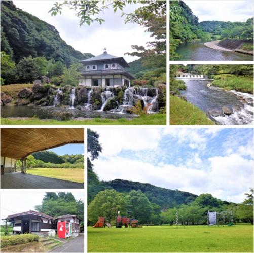 上部左側:銀閣寺を模して造られた「桜の屋形」と、手前に池が広がっている写真。上部右上:左側に緑で覆われた山がある流れが緩やかで右にカーブがかかった川の写真。上部右下:両側に緑の草が生い茂り、奥に段差工が見える川の写真。下部左上:屋外ステージ側から緑広がる広場を写した写真。下部左下:赤い自動販売機と白い自動販売機の奥と、後ろに建物が建っている写真。下部右側:奥に木々が生い茂った山が見え、緑広がる広場に複合遊具が設置されている写真。