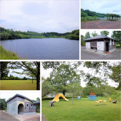 上部左側:大きな池の周りに緑が広がっている写真。上部右上:レンガ調のタイルが敷かれた広場の奥に休憩所のような場所があり、その奥に池が見えている写真。上部右下:白い壁に桜の花の絵が描かれた方形屋根をしたトイレの外観写真。下部左上:木々が周りに植えられている緑の芝生が広がっている広場の写真。下部左下:入り口部分がアーチ状で屋根がカーブを描いている建物の写真。下部右側:芝生が整備された広場に滑り台、ジャングルジム、ベンチなどが設置されている公園の写真