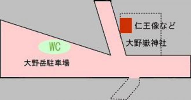 大野嶽神社と仁王像の位置を赤枠で示した略地図