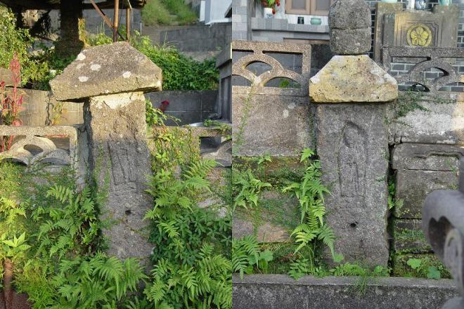 シダ植物が生える墓地に所在する塔身部分に地蔵が彫られた、左:宝珠が失われた六地蔵塔、右:笠の上に宝珠の乗った六地蔵塔の写真