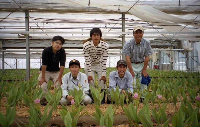 花が栽培がされたビニールハウス内で撮影された男性5人の集合写真