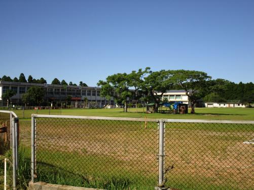 柵で囲まれた敷地内の奥に横長の校舎がたっており、運動場の中央部分に、数本の木が立っており広々とした運動場が広がっている地域交流センターはやま(旧別府中学校)の外観写真