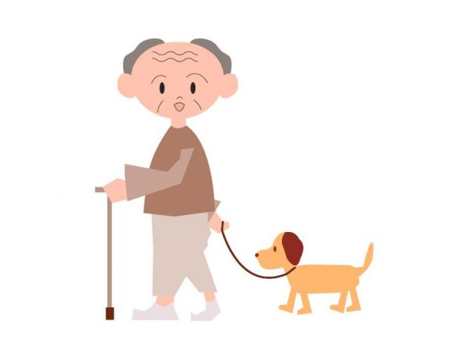 杖を付きながら犬の散歩をしている老人のイラスト