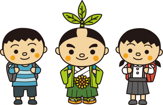 お茶むらいと男の子と女の子がランドセルを背負って登校しているイラスト