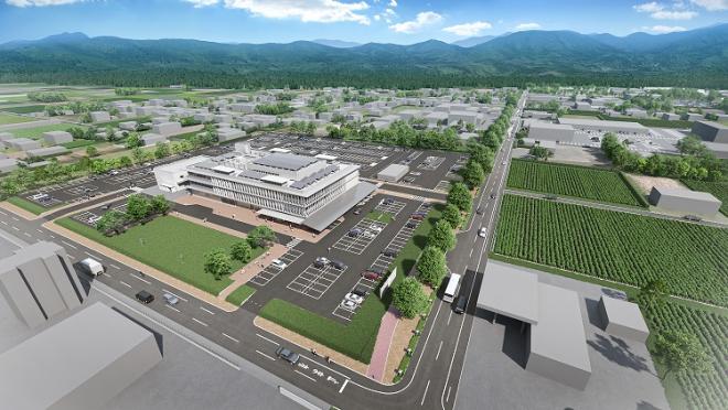 敷地内に、イベント・防災エリアや新庁舎、付属棟やたくさんの駐車場が設置された、市道木佐貫原下線の上空から見た鳥瞰イメージ図