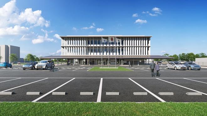手前に並んだ駐車場奥に、3階建ての細長い羽板を隙間をあけて平行に並べた白いルーバーがたくさん設置された新庁舎外観イメージ図