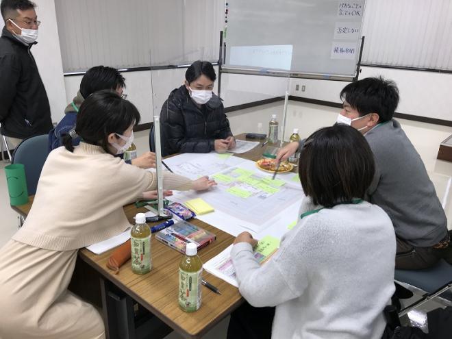 グループでの話合いで、出てきた意見が書かれた付箋が模造紙に貼られており、女性と男性2名が付箋を指しながら意見交換が行われている様子の写真