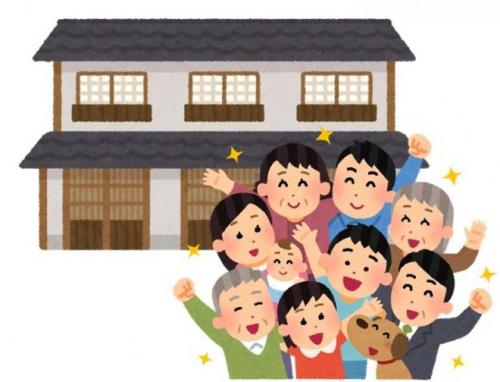 2階建ての家の前で、年配のご夫婦・赤ちゃんを抱っこした女性・こどもや1匹の犬がにこやかにしているイラスト