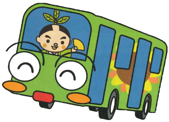 ひまわりの絵が描いてあるバスにお茶むらいが扇子を持って乗っているイラスト