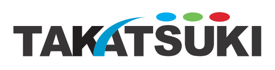 「TAKATSUKI」の文字に青・緑・赤3色カラーの円が付いている高槻電器工業株式会社のロゴマーク