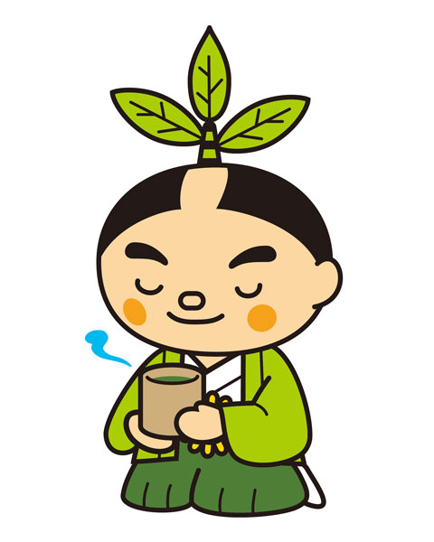 緑色の着物を着たお茶むらいが目をつぶって正座をし、お茶の香りを楽しんでいるイラスト