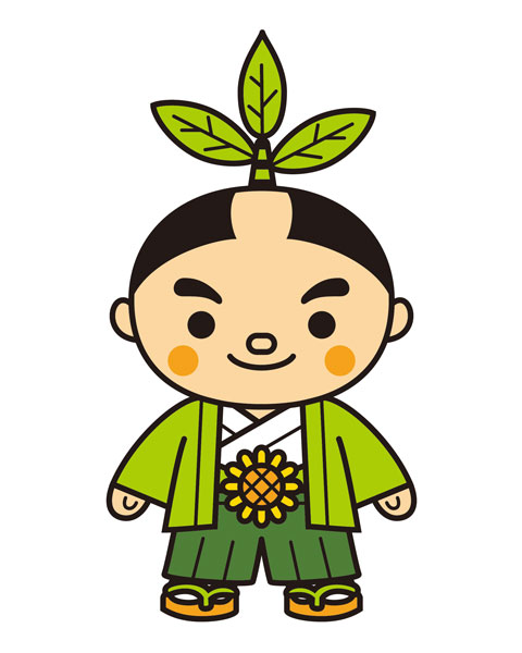 緑色の着物を着たお茶むらいが穏やかな表情をして立っているイラスト