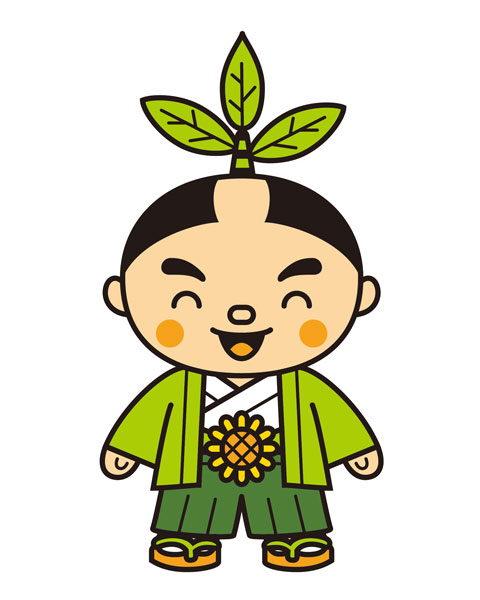 緑色の着物を着たお茶むらいがニコニコ笑って立っているイラスト