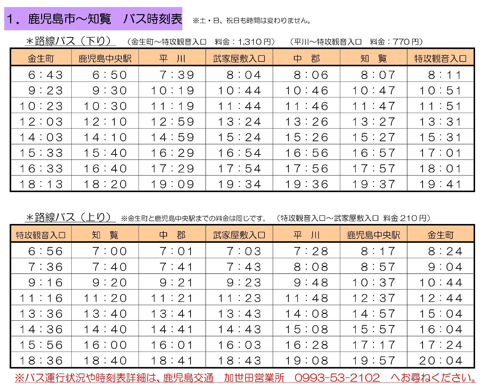 鹿児島市知覧間のバス時刻表