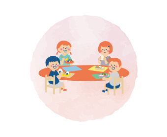 子ども4人が同じテーブルを囲んでご飯を食べている様子のイラスト