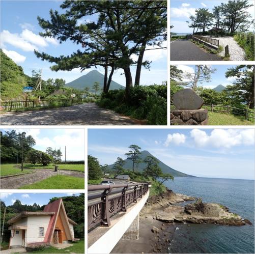上部左側：歩道わきに数本の松が植えられ、歩道の真正面に開聞岳が見えている写真。上部右上：道路の右側にフェンスで区切られ白いタイルが敷かれた広場の奥に松の木が複数生えている写真。上部右下：歌碑が設置されている場所の後方に開聞岳が木々の間から見えている写真。下部左上：周りに木々が生え、芝生が整備された中にTの時に歩道が伸びている写真。下部左下：白い外壁で入り口部分が三角形をしている建物の写真。下部右側：道路の右側に海が広がり、道路の先には開聞岳が見えている風景写真。