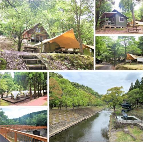 上部左側：木々の中に設置されているテントと、その奥に見えるロッジの写真。上部右上：木々の中に建っているバルコニー付のケビンの写真。上部右下：沢山の木々が生い茂る中に1本の歩道がまっすぐと伸び、歩道の右側にテントが張られている写真。下部左上：等間隔に設置されている日よけタープ付きのバーベキュー専用サイトの写真。下部左下：オレンジ色の欄干の付いた橋の奥に山並みが見える写真。下部右側：中央に流れが緩やかな川が流れ、左側には青々とした木々が等間隔に並び、川の右側にはウォータースライダーが見える写真。