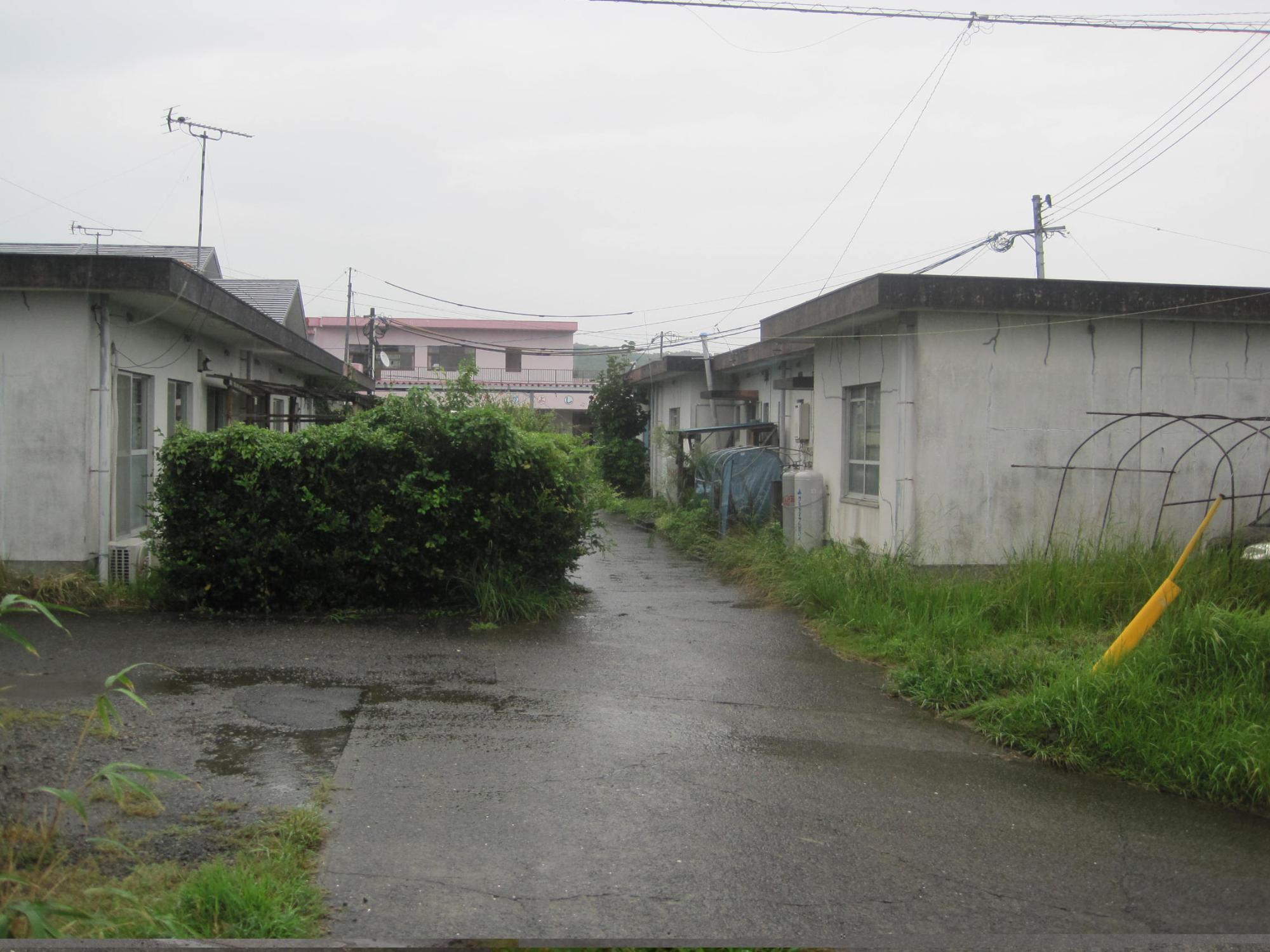 垣根のある中央の通路の両側に建っている、屋根が平らで1階建てコンクリート造りの市営住宅 公営御領団地の写真