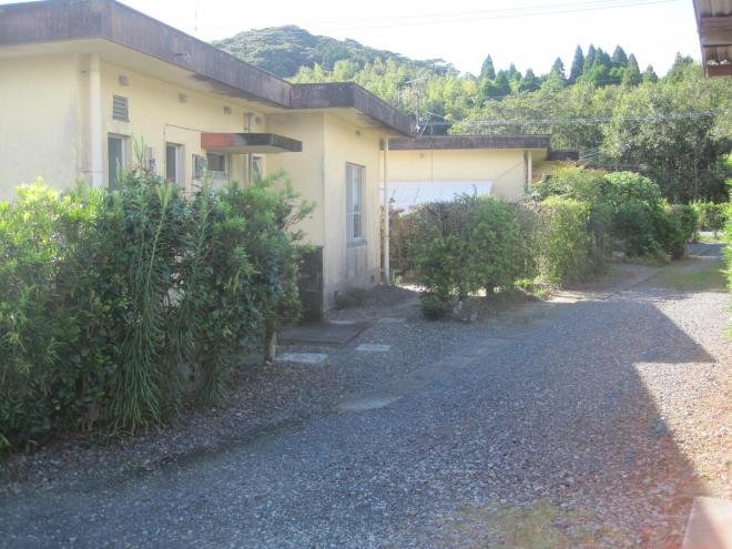 砂利道の左側に植栽があり、その奥に外壁が薄いクリーム色で1階建て、屋根が平らになっている市営住宅 公営永里団地の写真