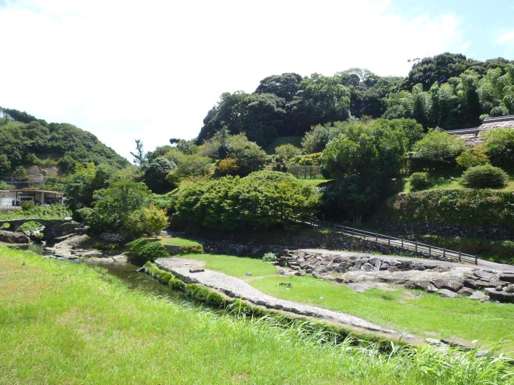 緑が生い茂る亀甲城跡を川越しに眺めている