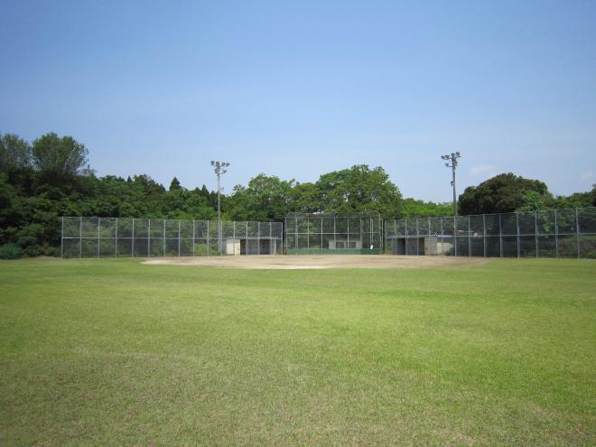 バックネットの奥は木々に囲まれ、2基の夜間照明が設置されており、野球のできるマウンドと緑の芝生の広場が広がっている二松台公園運動施設の写真