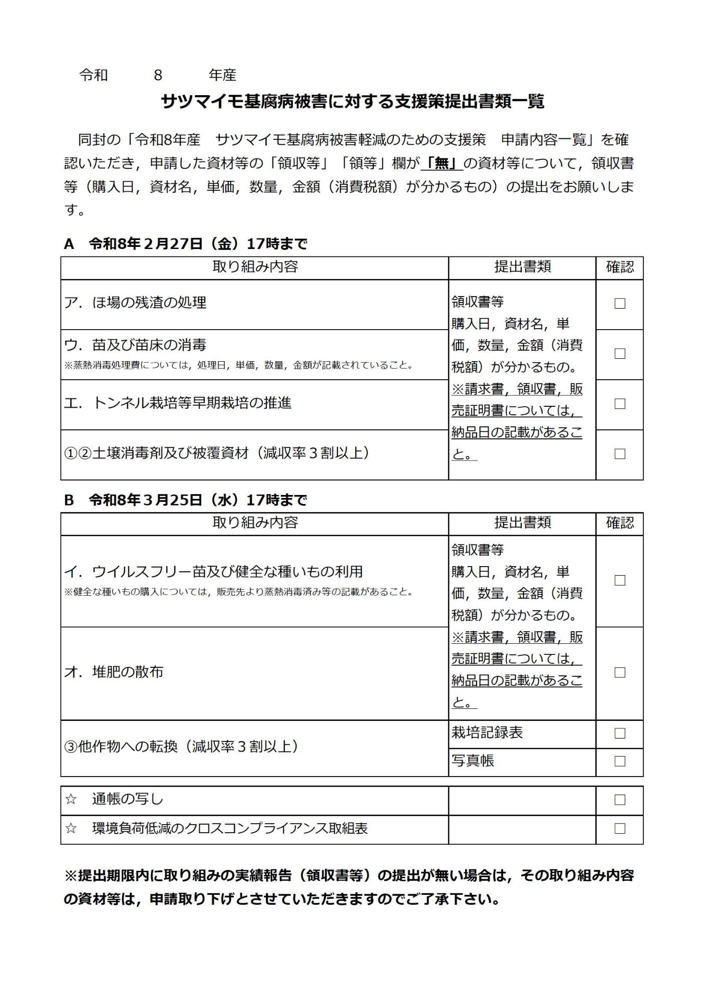 令和8年産サツマイモ基腐病被害に対する支援策提出書類一覧