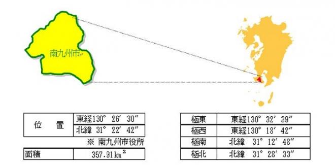 南九州市の位置と面積を記した図と表