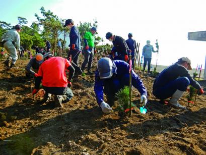 帽子と手袋を身に着けたたくさんの市民が植樹している様子の写真
