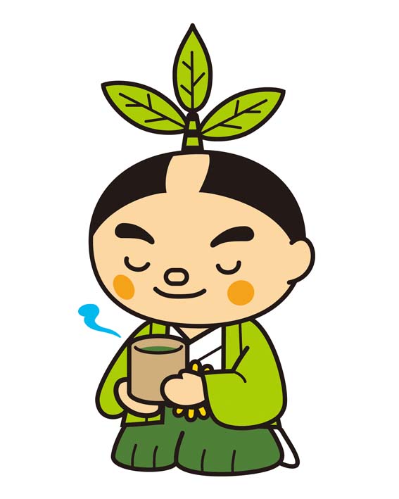 緑色の袴と黄緑の羽織を着たお茶むらいが正座をしお茶をもっているイラスト