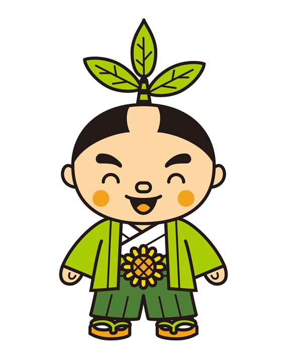 緑色の袴と黄緑の羽織を着たお茶むらいが笑って立っているイラスト