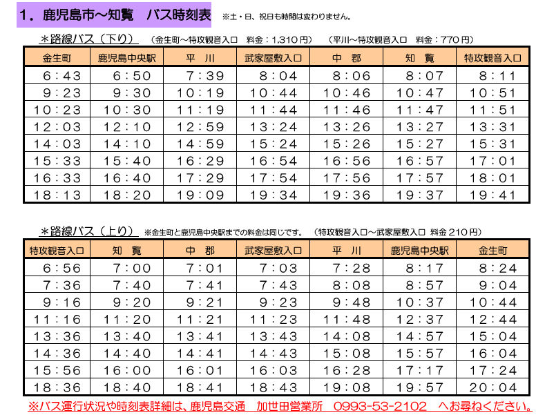 鹿児島市知覧間のバス時刻表
